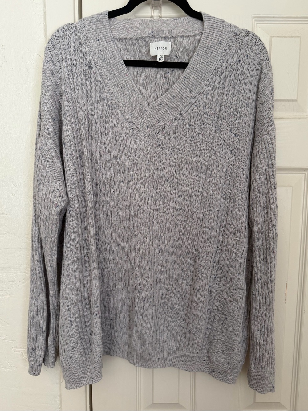 Heyson Women’s Light Gray Speckled V-Neck Ribbed Sweater - 3X